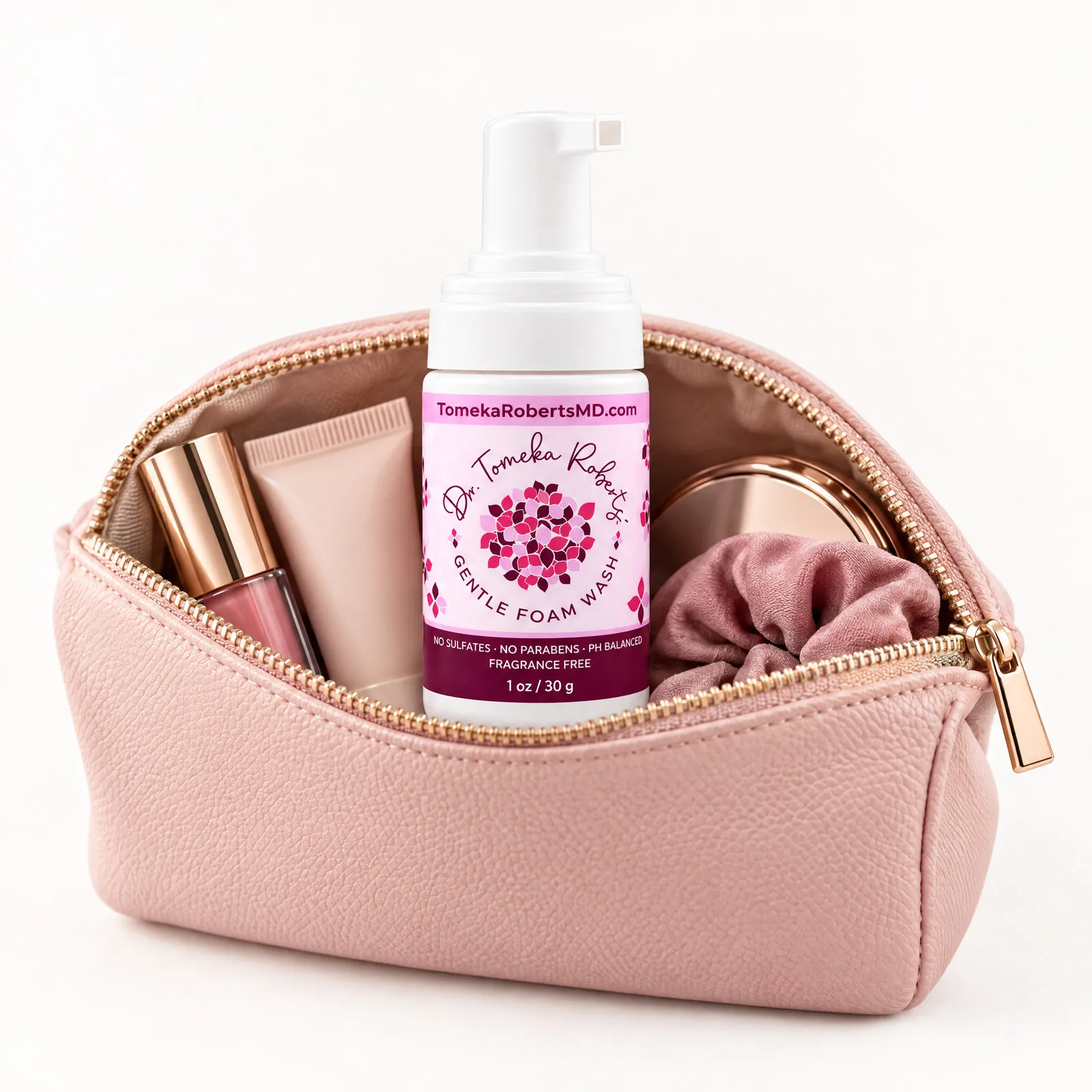 The 1 oz Fragrance-Free travel bottle tucked inside a cosmetic pouch