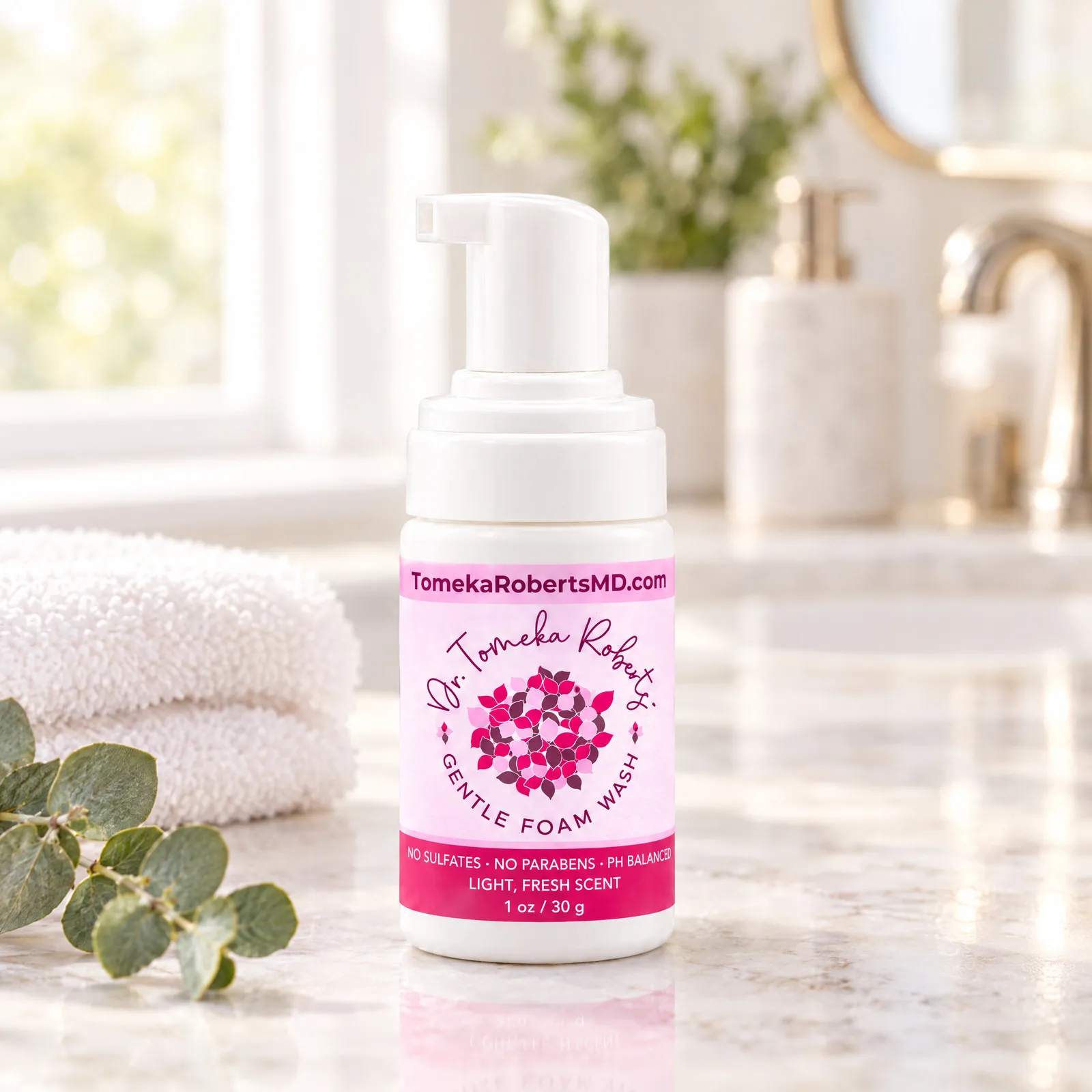 The 1 oz Fresh Scent travel bottle on a marble bathroom counter beside a folded towel