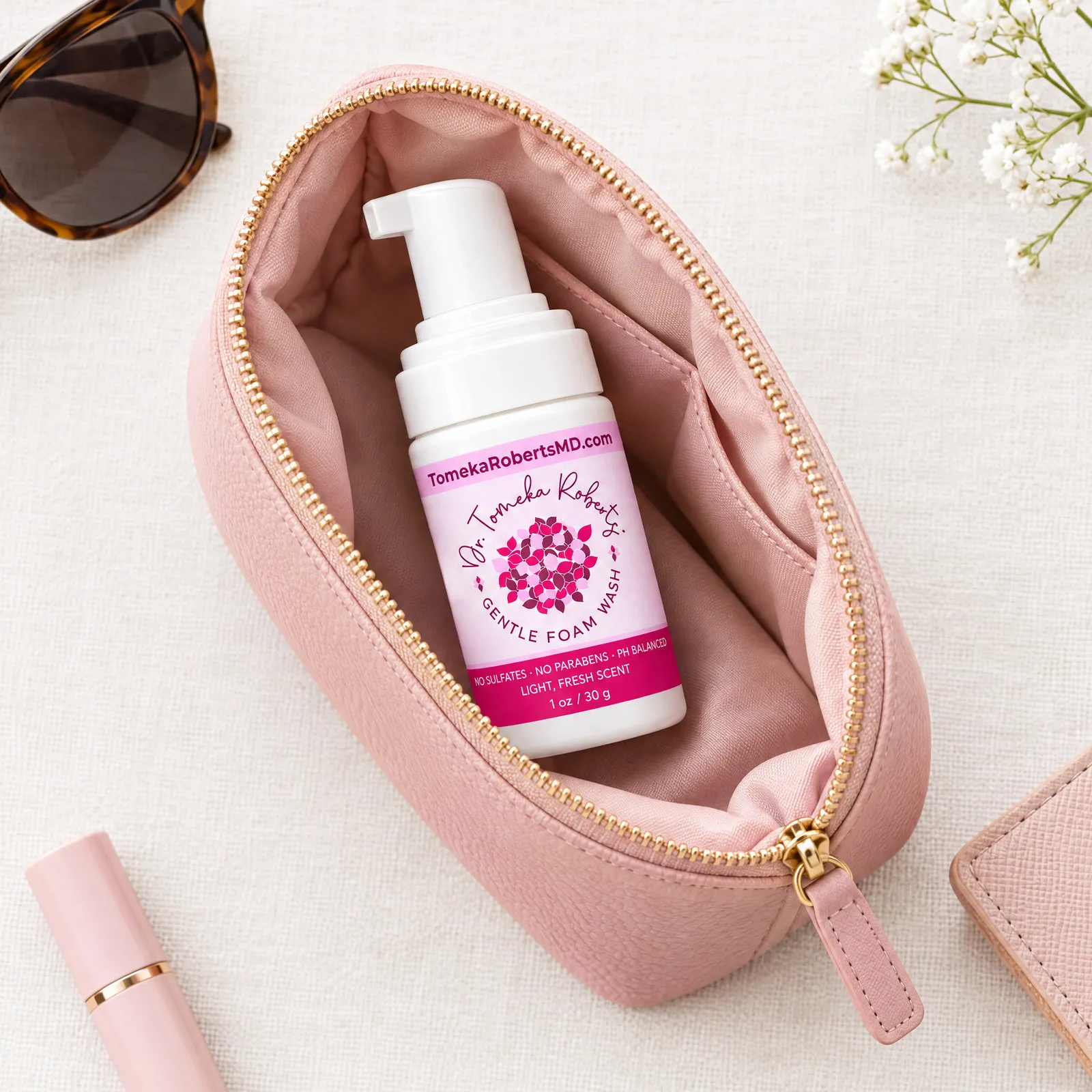 The 1 oz Fresh Scent travel bottle tucked inside a cosmetic pouch