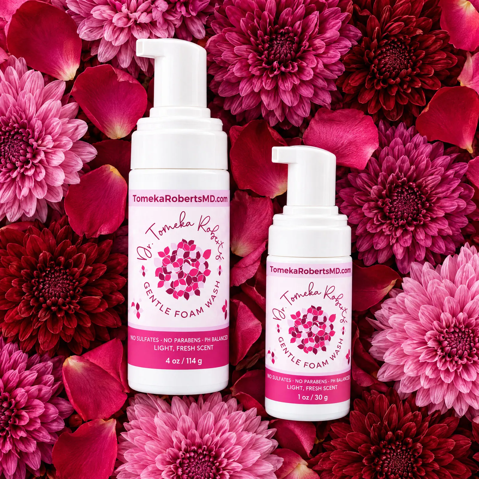 Both Fresh Scent sizes on a bed of pink and crimson blooms