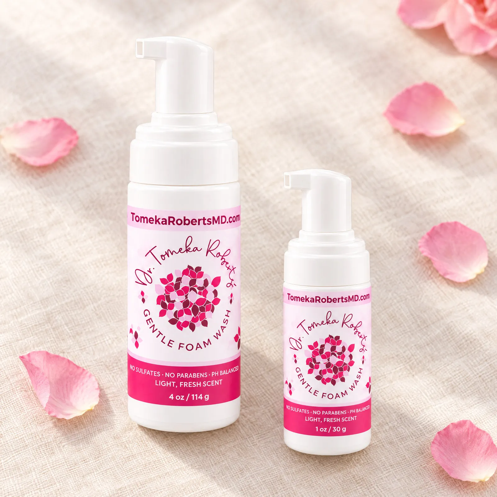 Both Fresh Scent sizes on pale linen scattered with rose petals