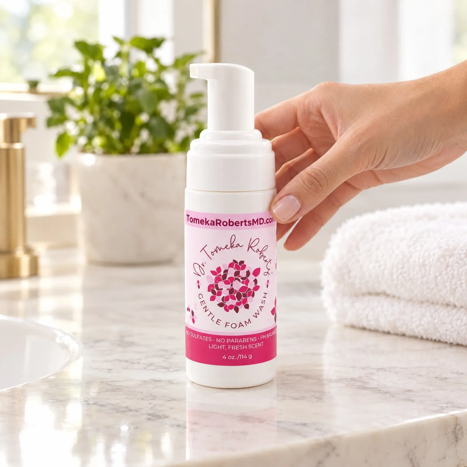 A hand reaching for the Fresh Scent Gentle Foam Wash on a bathroom counter